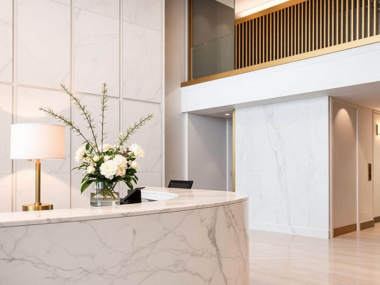 Receção de hotel em mármore com detalhes dourados