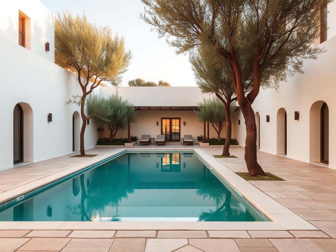 Pátio de hotel boutique com piscina e oliveiras