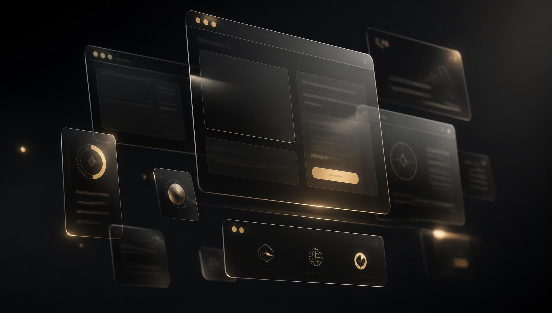 Interfaces de websites em 3D flutuando com detalhes dourados